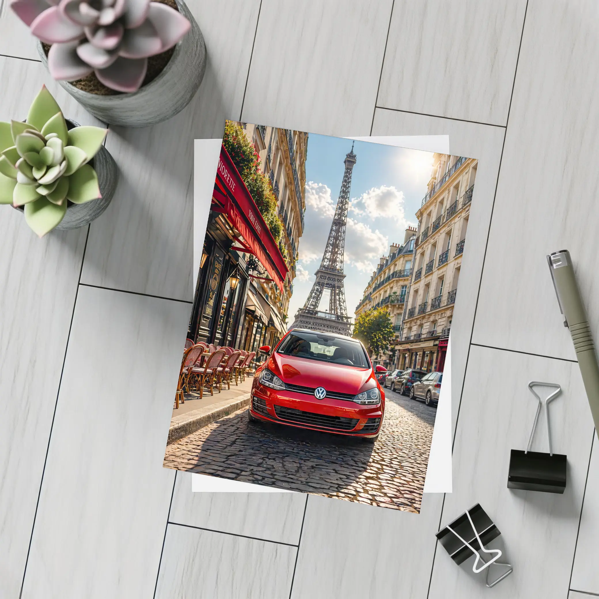 Red Volkswagen Golf GTI Paris Eiffel Tower – Postcards