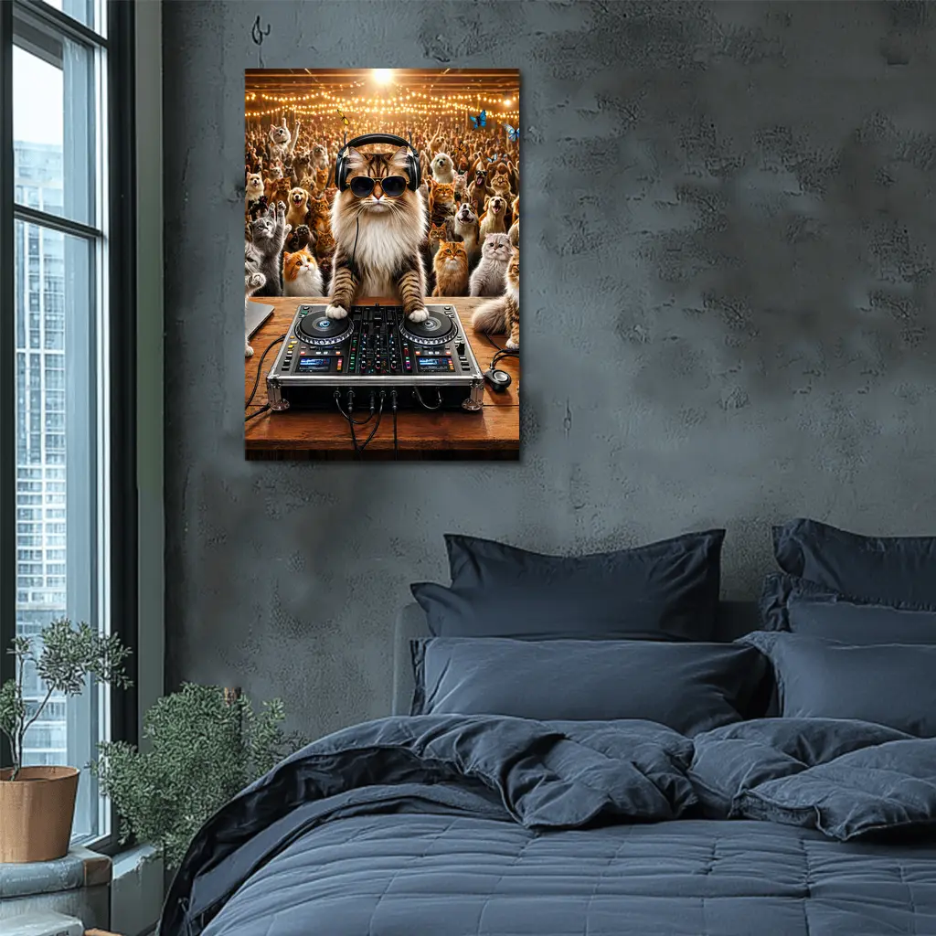 Norwegian Forest Cat DJ Spinning At Party – Wall Art