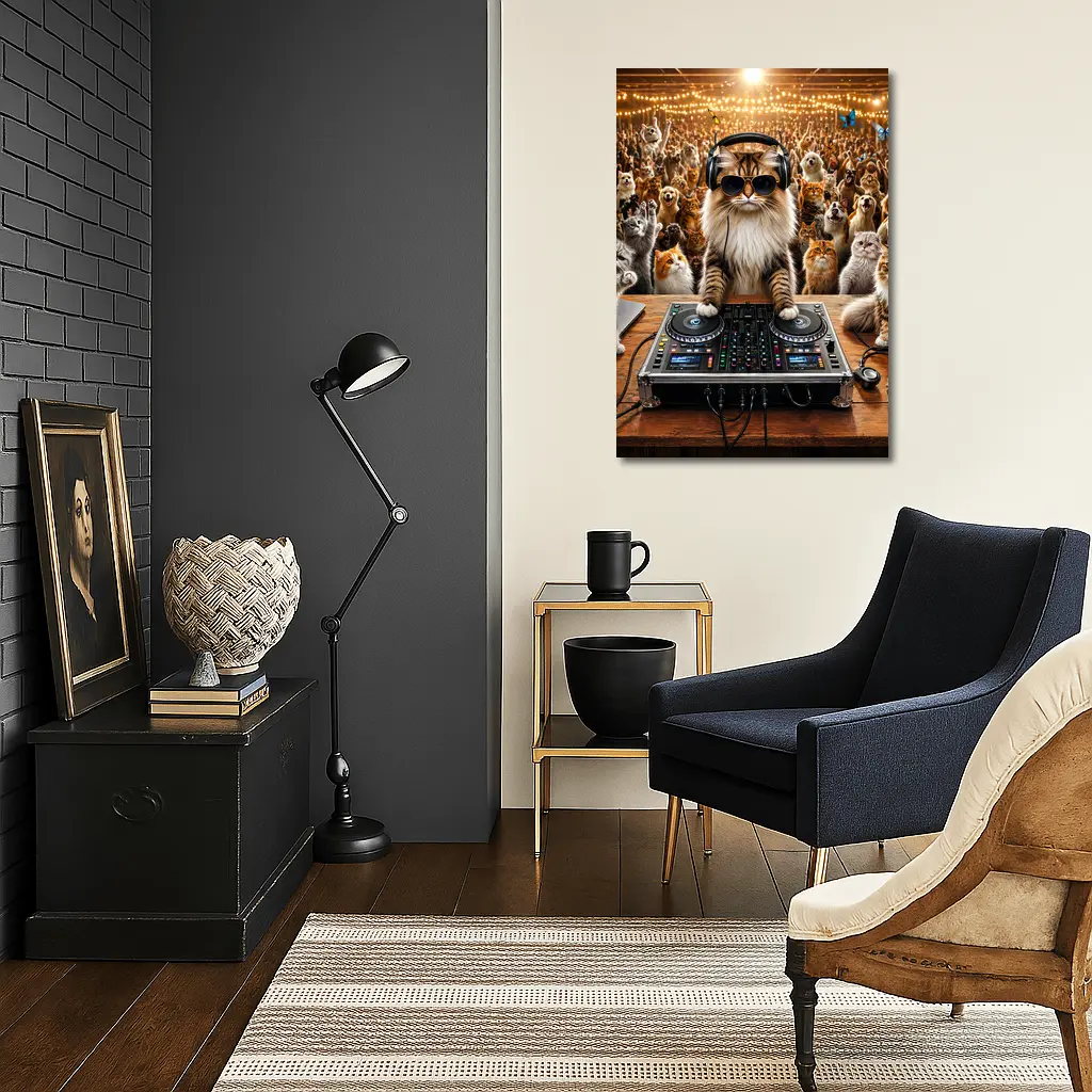 Norwegian Forest Cat DJ Spinning At Party – Wall Art