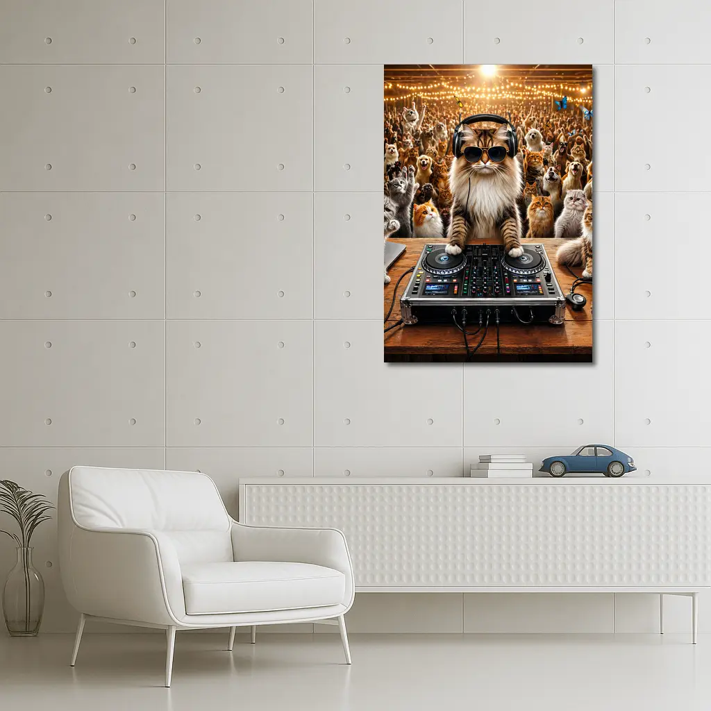 Norwegian Forest Cat DJ Spinning At Party – Wall Art