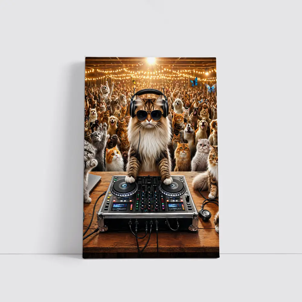 Norwegian Forest Cat DJ Spinning At Party – Wall Art