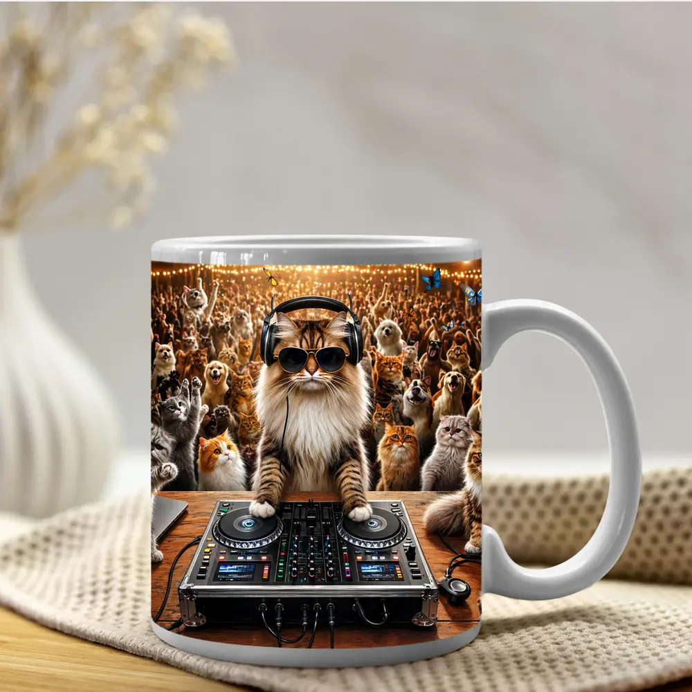 Norwegian Forest Cat DJ Spinning At Party – Mugs