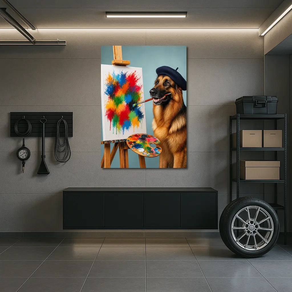 German Shepherd Artist Painting Colorful Abstract Canvas – Wall Art