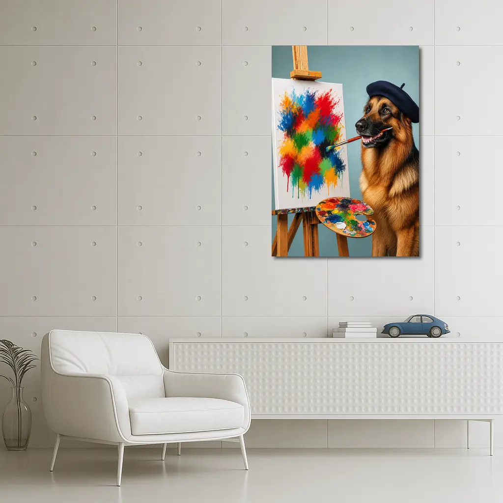 German Shepherd Artist Painting Colorful Abstract Canvas – Wall Art