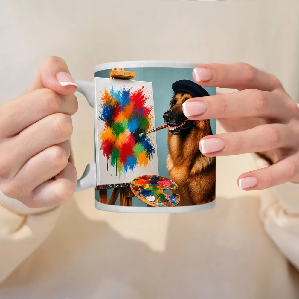German Shepherd Artist Painting Colorful Abstract Canvas – Mugs
