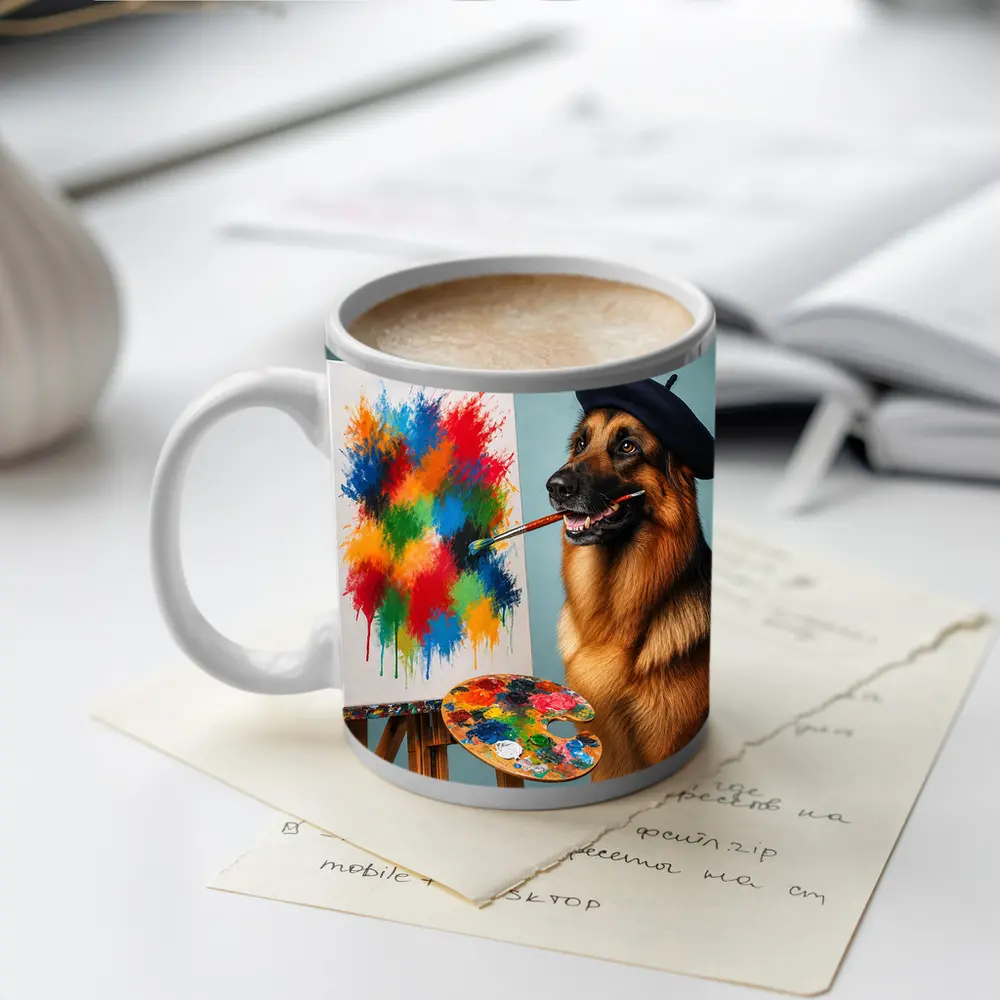 German Shepherd Artist Painting Colorful Abstract Canvas – Mugs