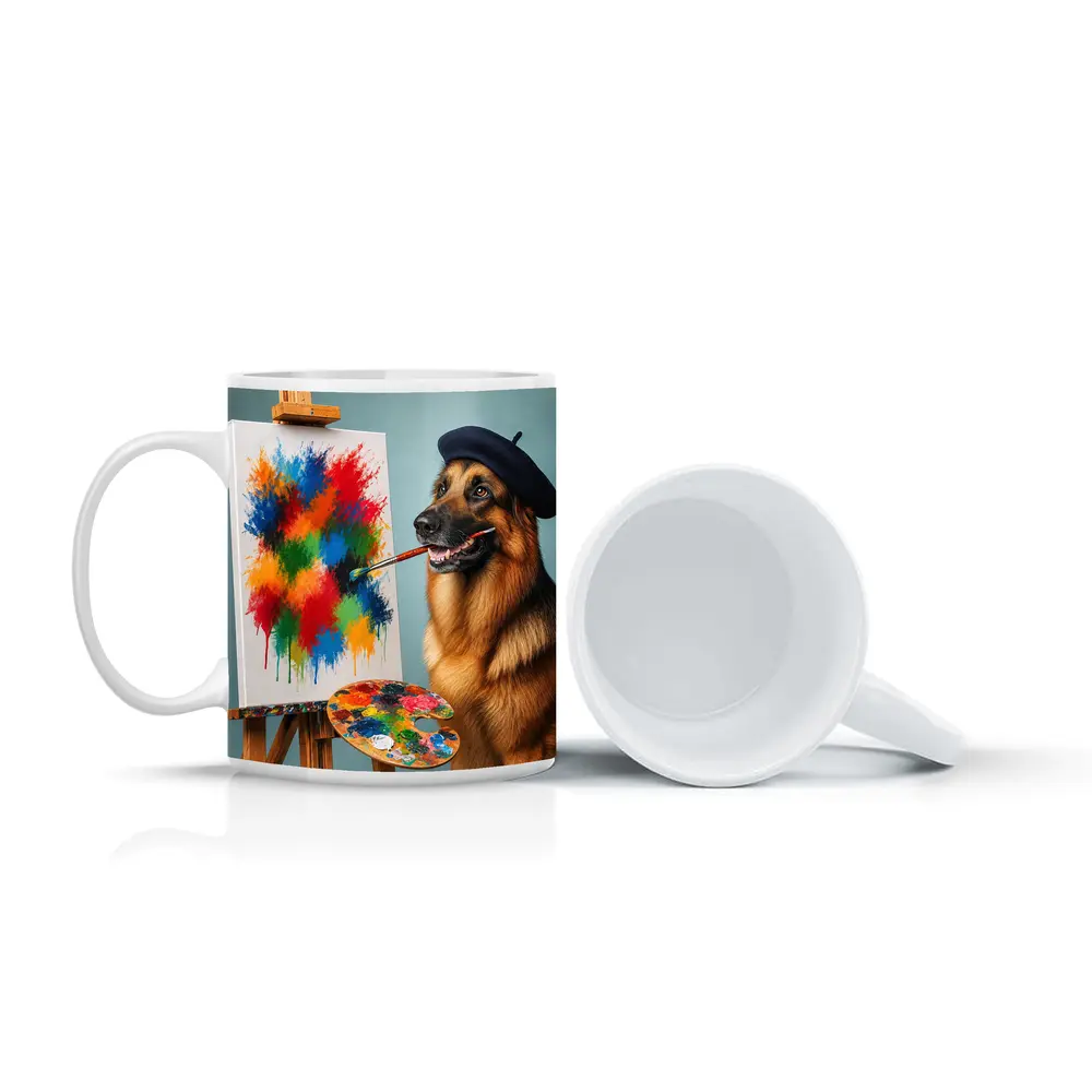 German Shepherd Artist Painting Colorful Abstract Canvas – Mugs