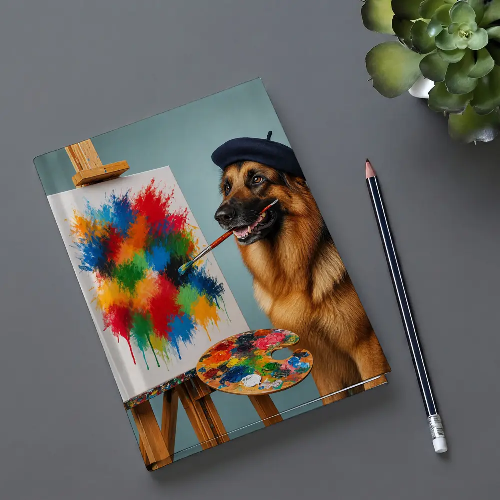 German Shepherd Artist Painting Colorful Abstract Canvas – Notebooks