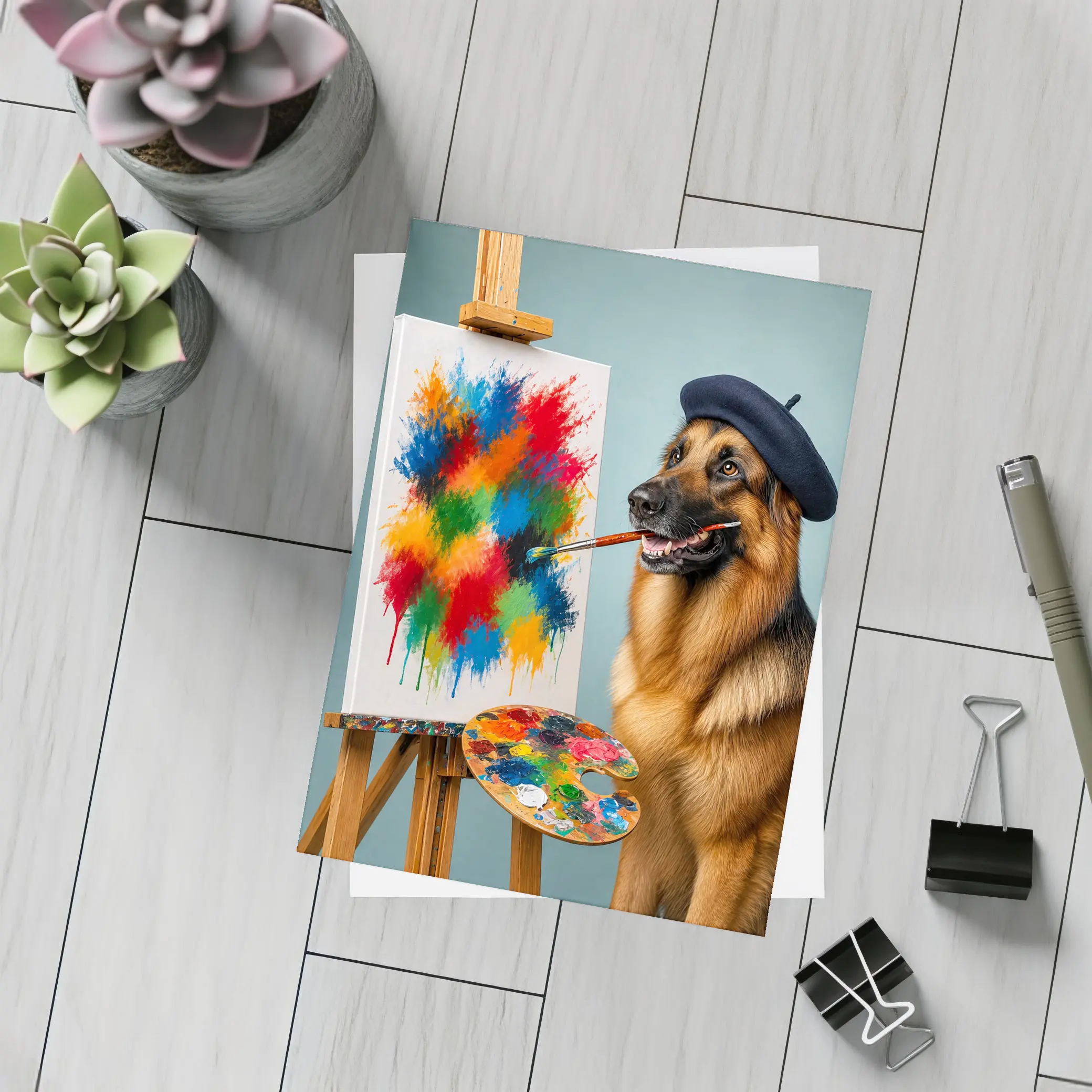 German Shepherd Artist Painting Colorful Abstract Canvas – Postcards