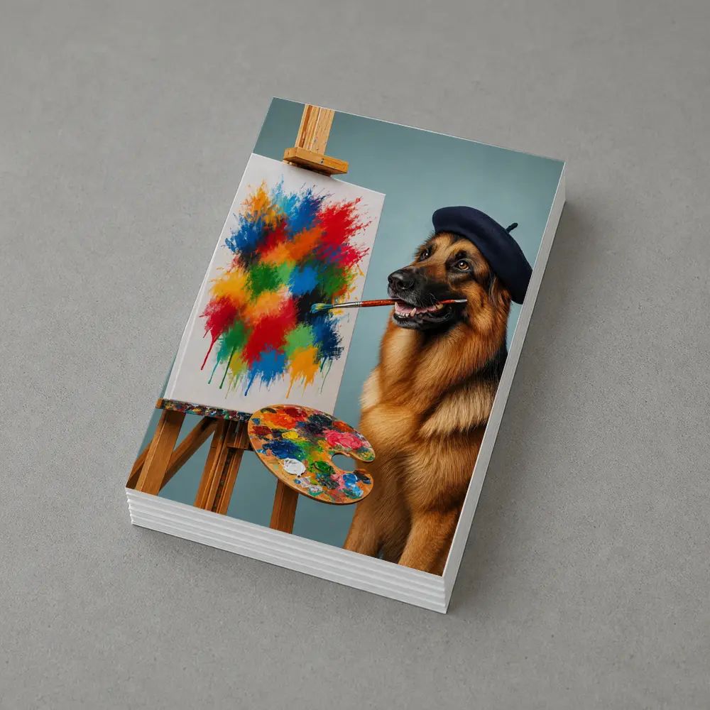 German Shepherd Artist Painting Colorful Abstract Canvas – Postcards