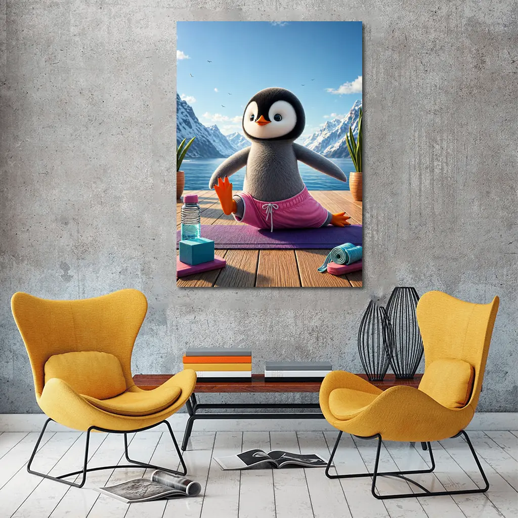 Cute Penguin Doing Yoga Snowy Mountains – Wall Art