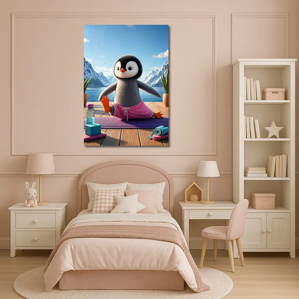 Cute Penguin Doing Yoga Snowy Mountains – Wall Art