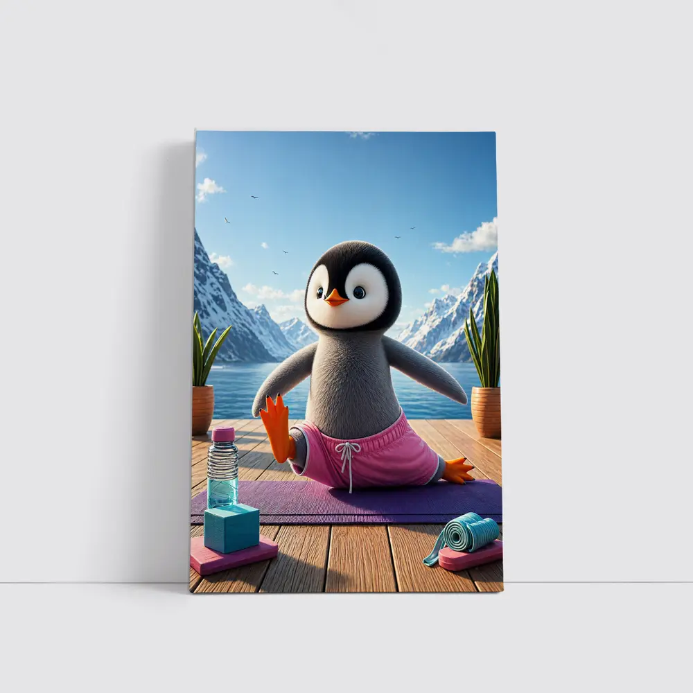 Cute Penguin Doing Yoga Snowy Mountains – Wall Art