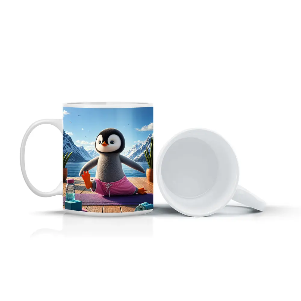 Cute Penguin Doing Yoga Snowy Mountains – Mugs