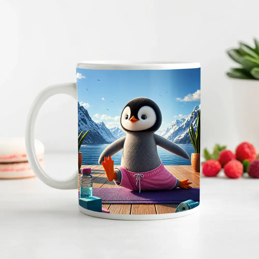 Cute Penguin Doing Yoga Snowy Mountains – Mugs