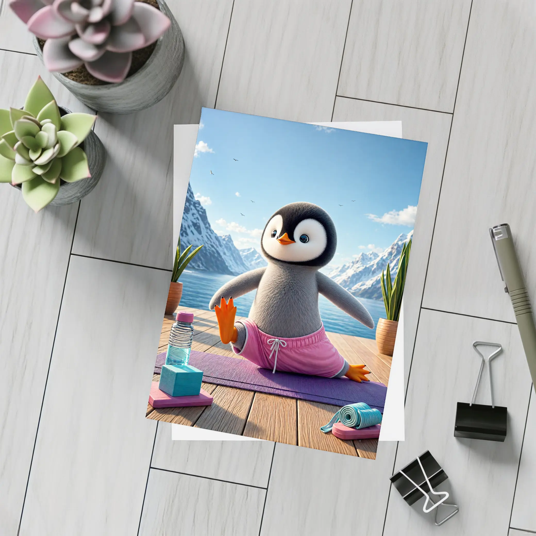 Cute Penguin Doing Yoga Snowy Mountains – Postcards