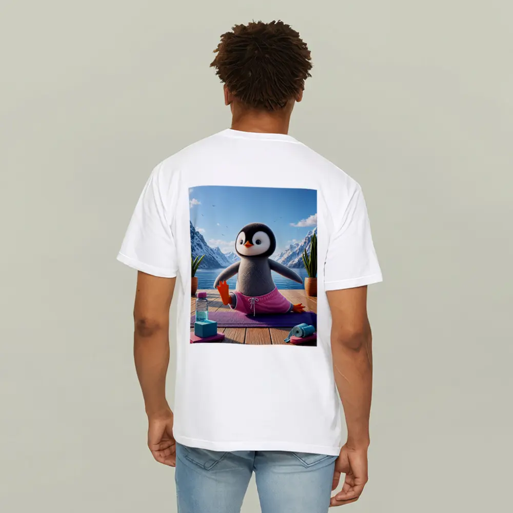 Cute Penguin Doing Yoga Snowy Mountains – T-Shirts