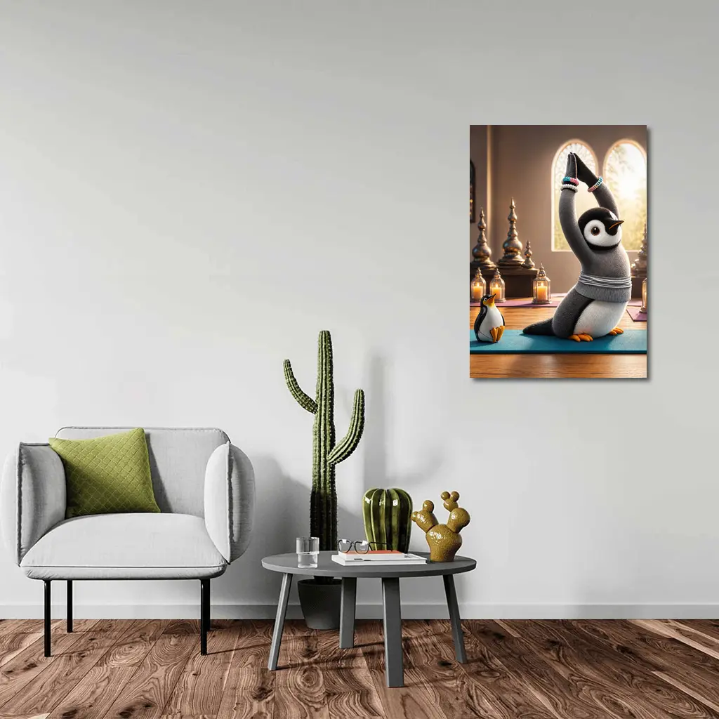 Cute Penguin Doing Yoga Candlelit Studio – Wall Art