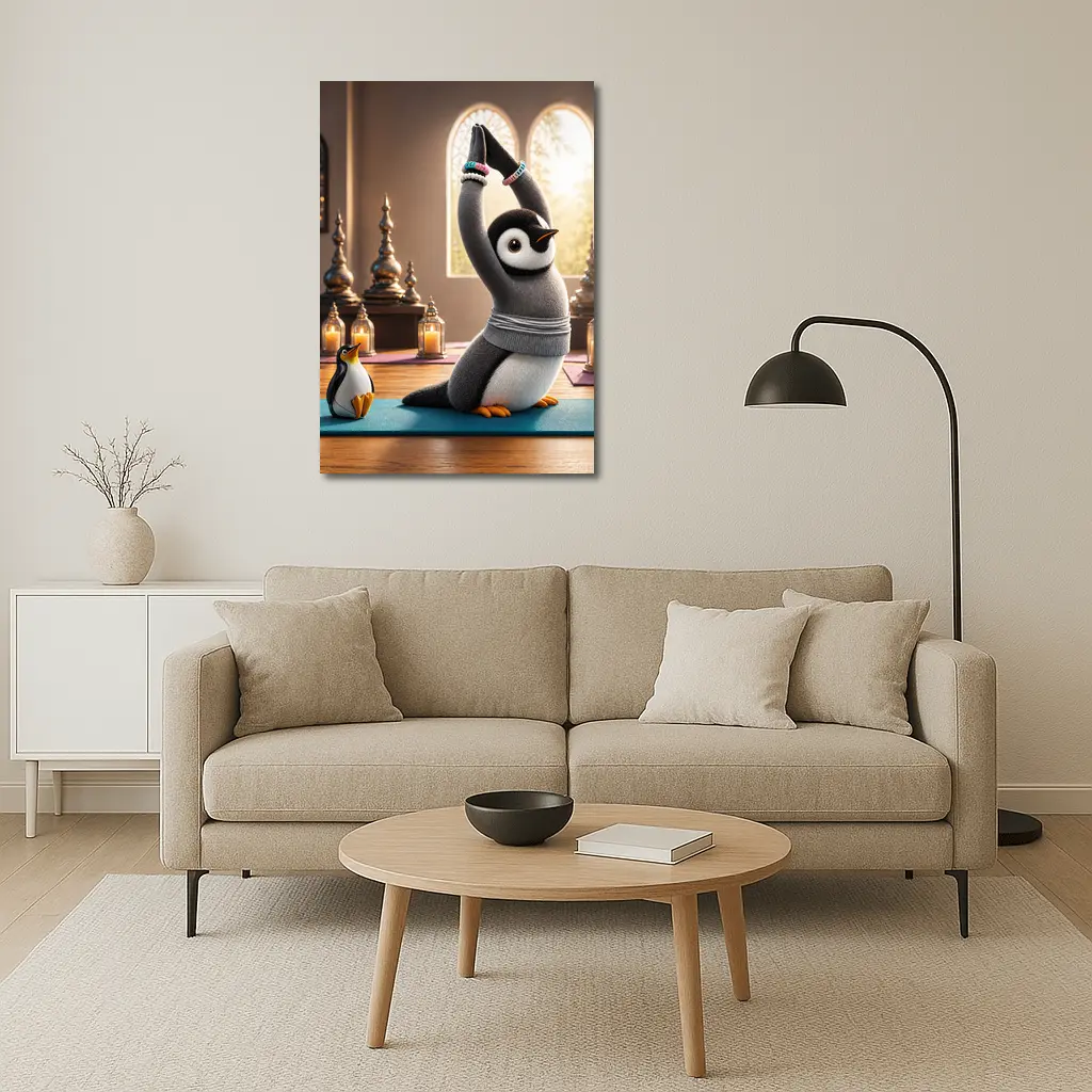 Cute Penguin Doing Yoga Candlelit Studio – Wall Art
