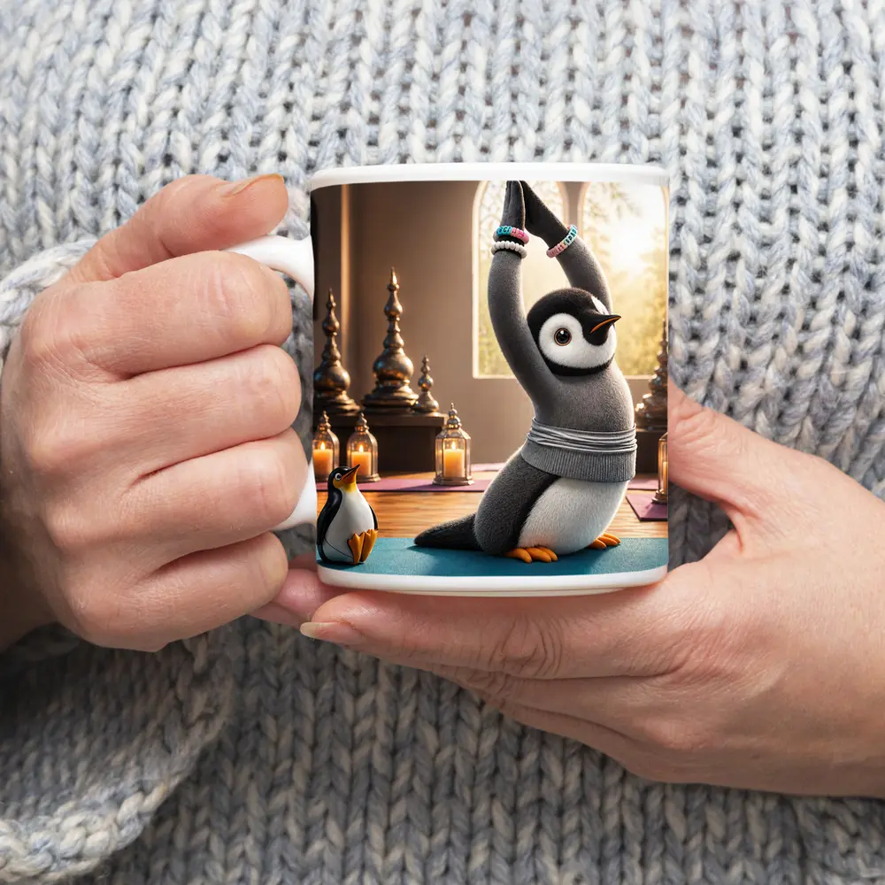 Cute Penguin Doing Yoga Candlelit Studio – Mugs