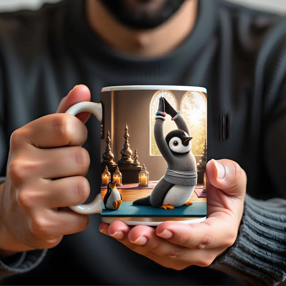 Cute Penguin Doing Yoga Candlelit Studio – Mugs