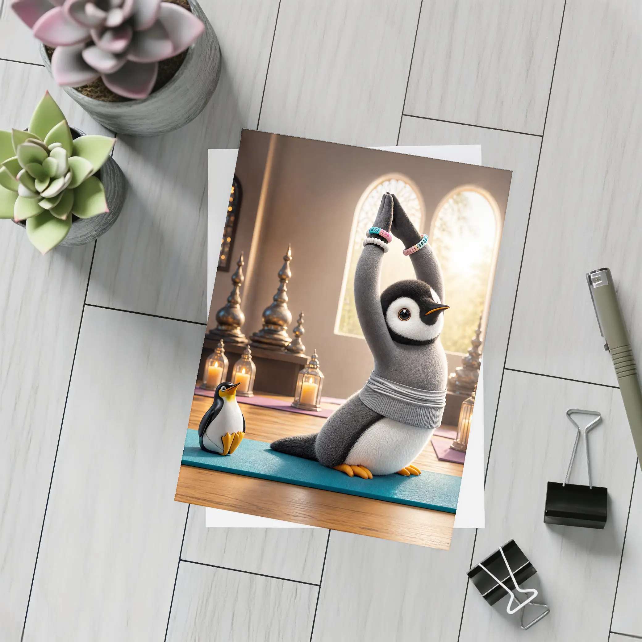 Cute Penguin Doing Yoga Candlelit Studio – Postcards