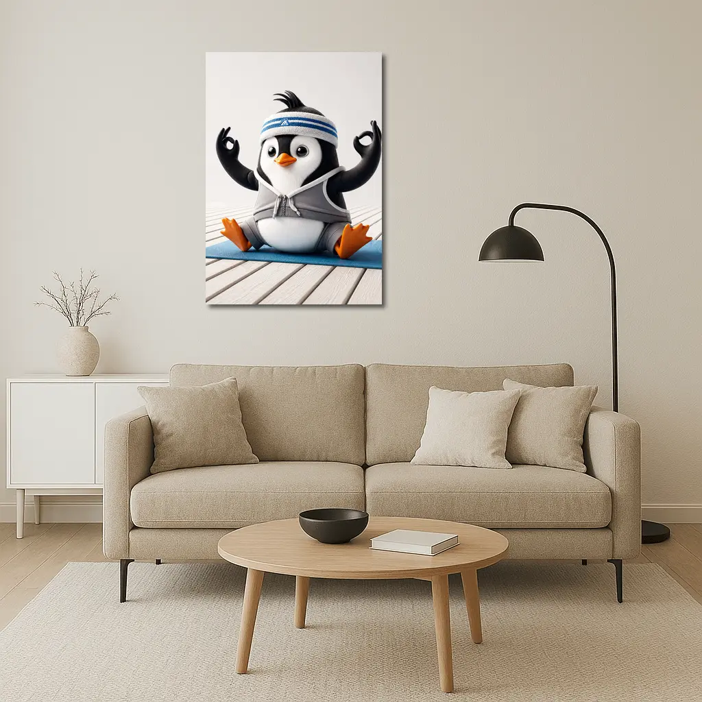 Cartoon Penguin Doing Yoga On Mat – Wall Art