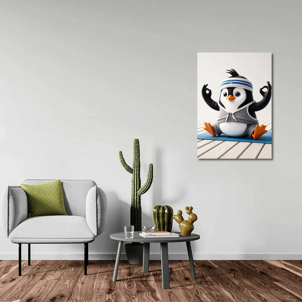 Cartoon Penguin Doing Yoga On Mat – Wall Art