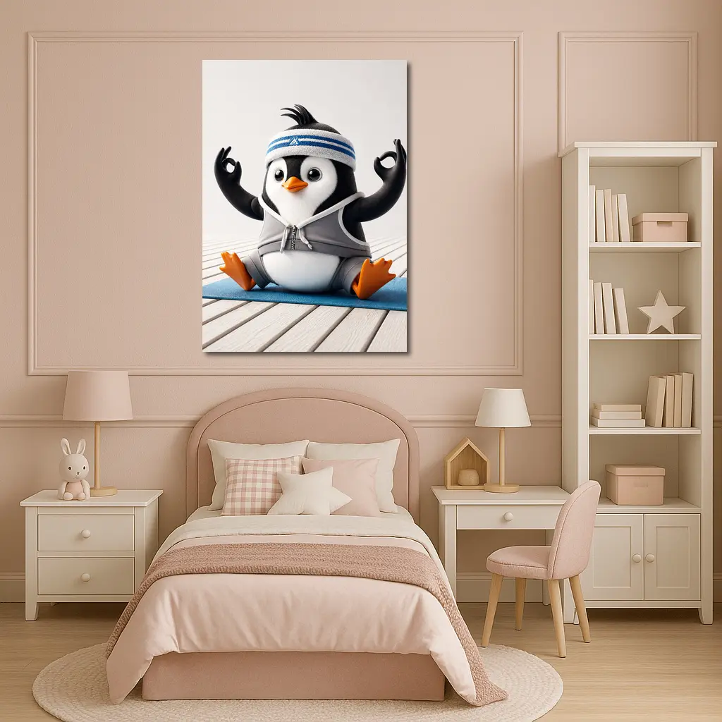 Cartoon Penguin Doing Yoga On Mat – Wall Art