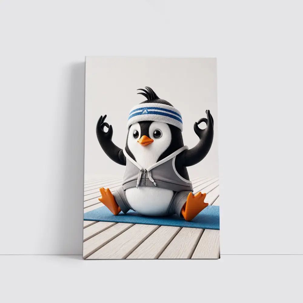 Cartoon Penguin Doing Yoga On Mat – Wall Art