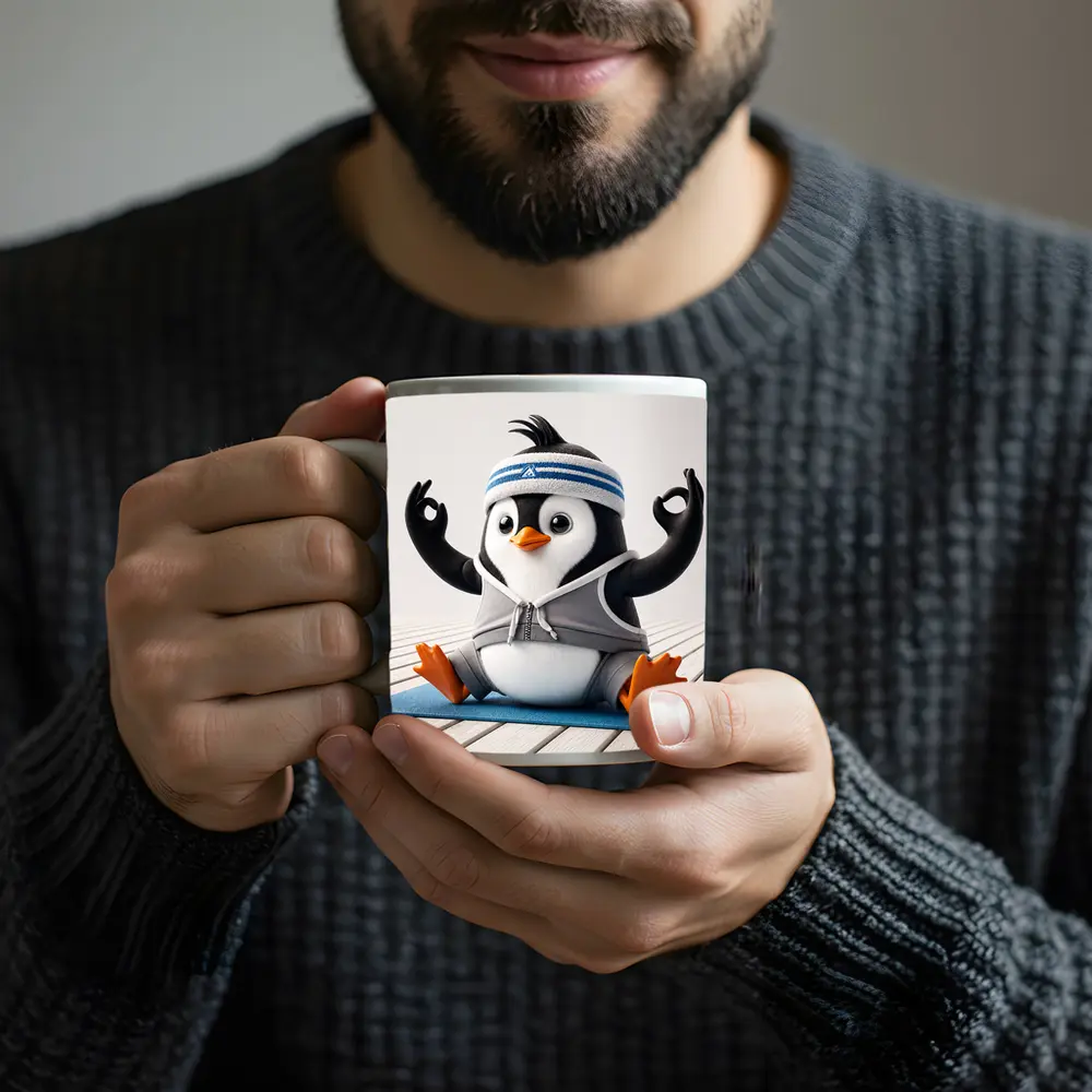 Cartoon Penguin Doing Yoga On Mat – Mugs