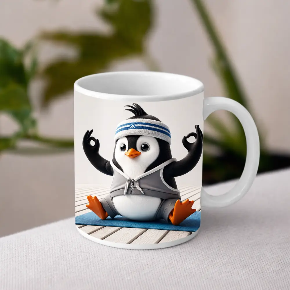 Cartoon Penguin Doing Yoga On Mat – Mugs