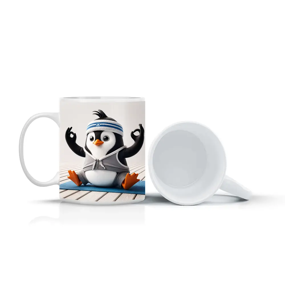 Cartoon Penguin Doing Yoga On Mat – Mugs