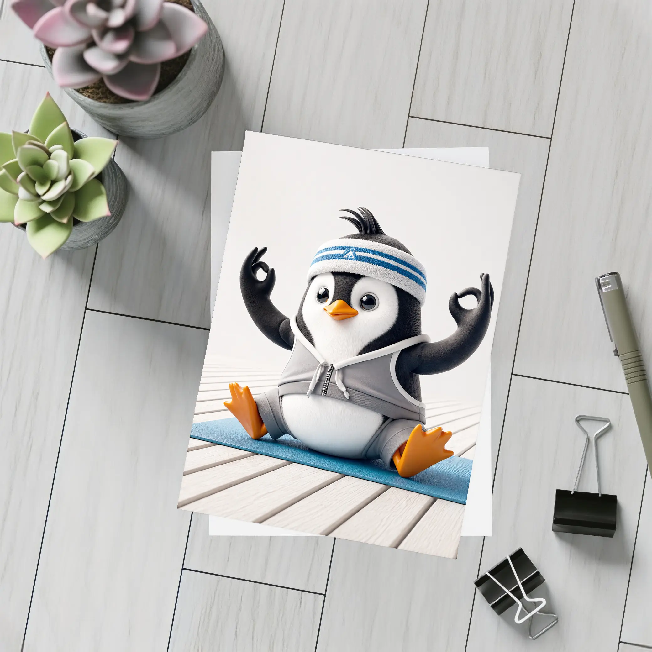 Cartoon Penguin Doing Yoga On Mat – Postcards