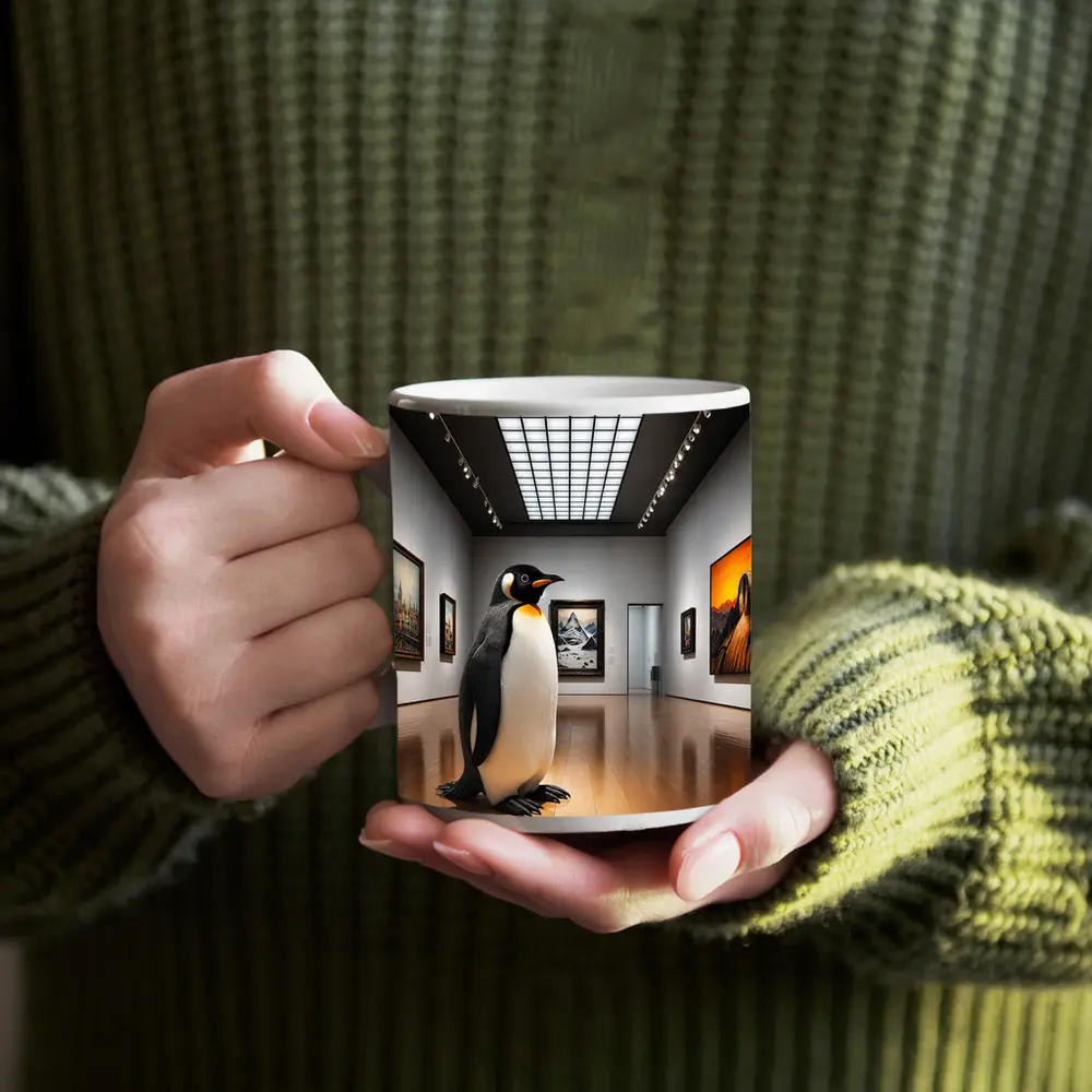 Emperor Penguin Standing Inside Art Museum Gallery – Mugs