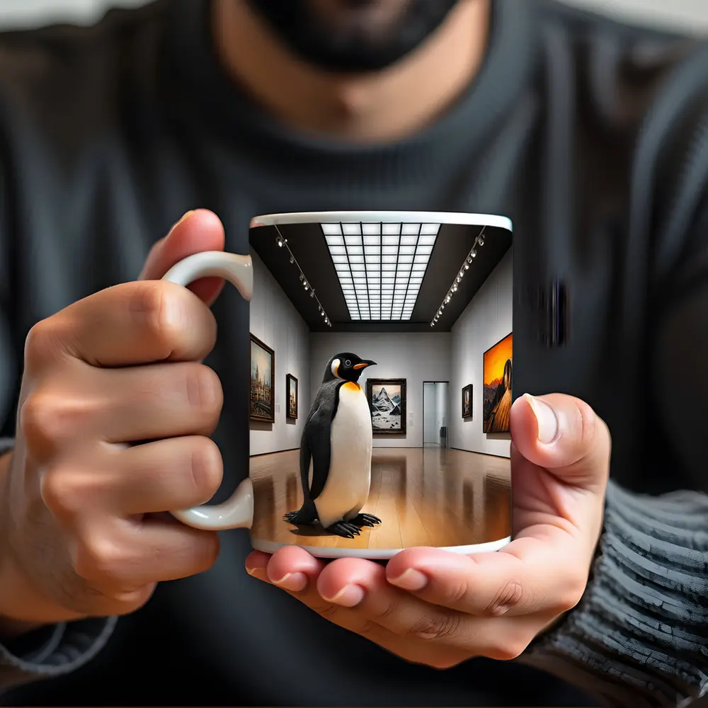 Emperor Penguin Standing Inside Art Museum Gallery – Mugs