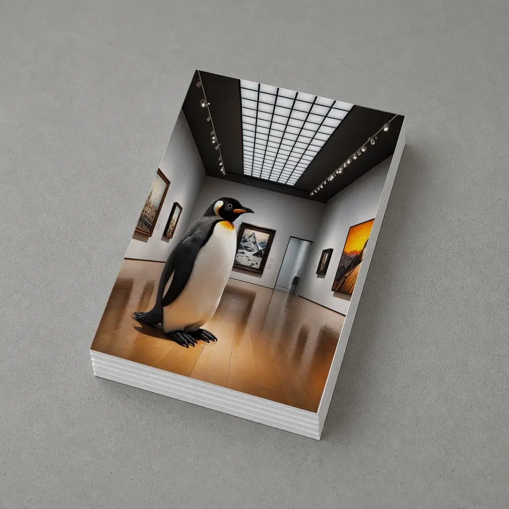 Emperor Penguin Standing Inside Art Museum Gallery – Postcards