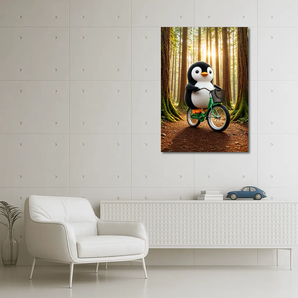 Cartoon Penguin Riding Bicycle In Forest – Wall Art