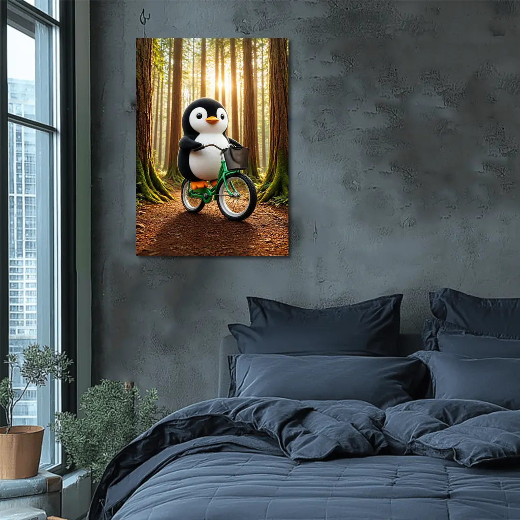 Cartoon Penguin Riding Bicycle In Forest – Wall Art