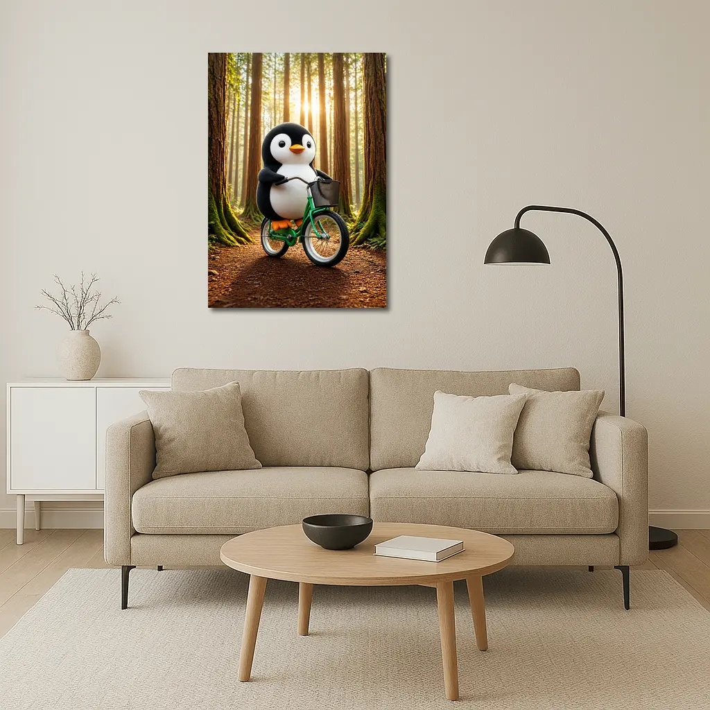 Cartoon Penguin Riding Bicycle In Forest – Wall Art