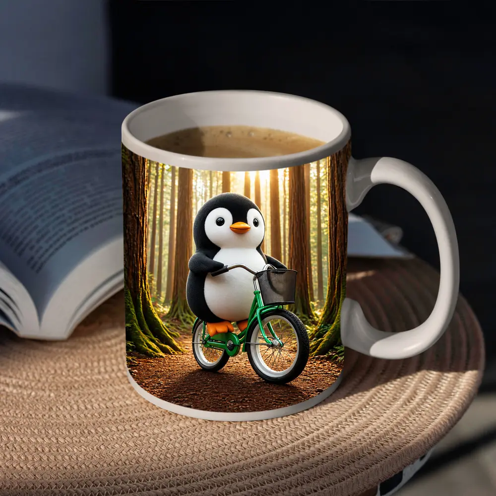 Cartoon Penguin Riding Bicycle In Forest – Mugs
