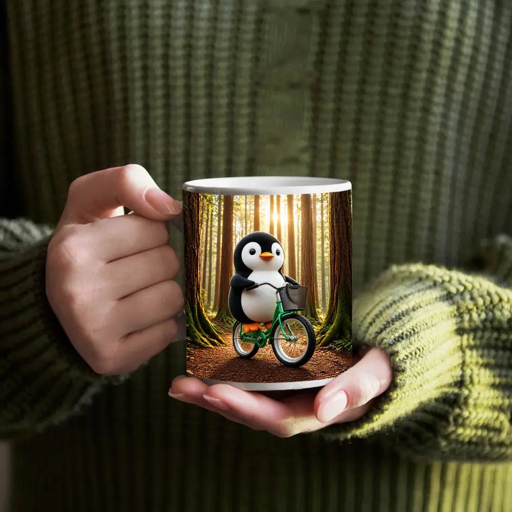 Cartoon Penguin Riding Bicycle In Forest – Mugs