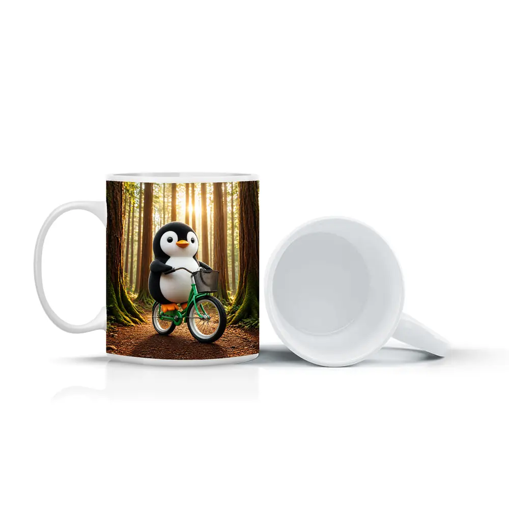 Cartoon Penguin Riding Bicycle In Forest – Mugs