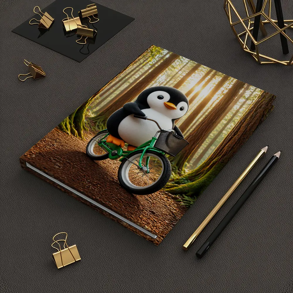 Cartoon Penguin Riding Bicycle In Forest – Notebooks