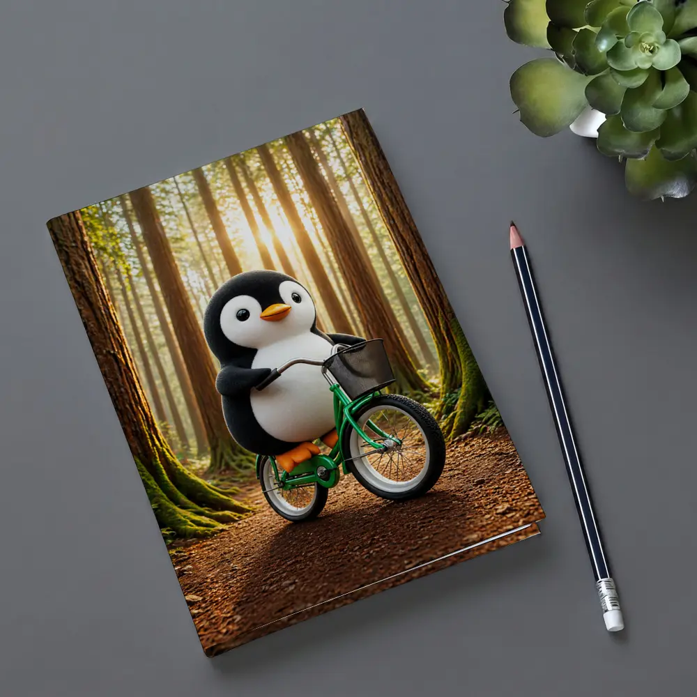 Cartoon Penguin Riding Bicycle In Forest – Notebooks