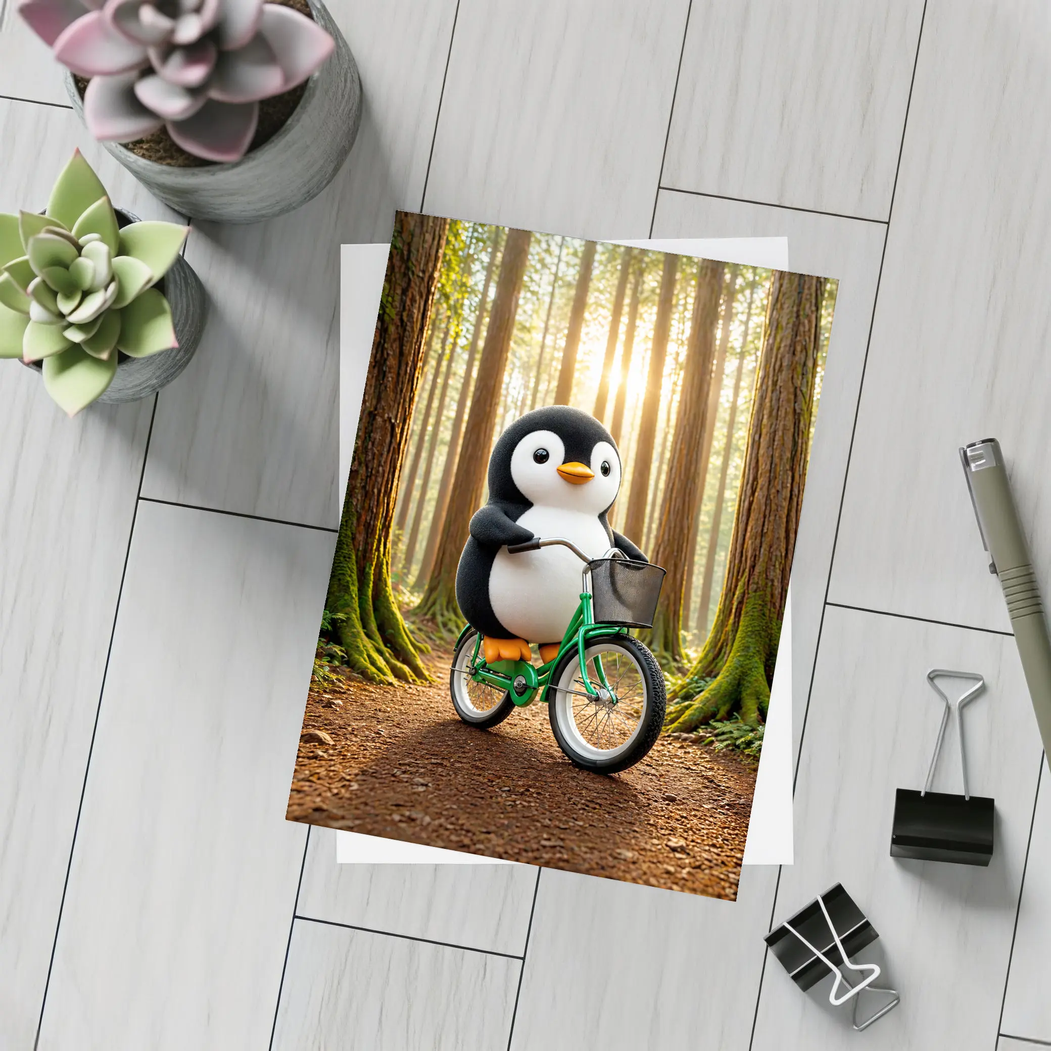Cartoon Penguin Riding Bicycle In Forest – Postcards