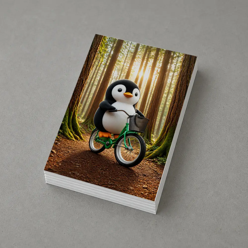 Cartoon Penguin Riding Bicycle In Forest – Postcards