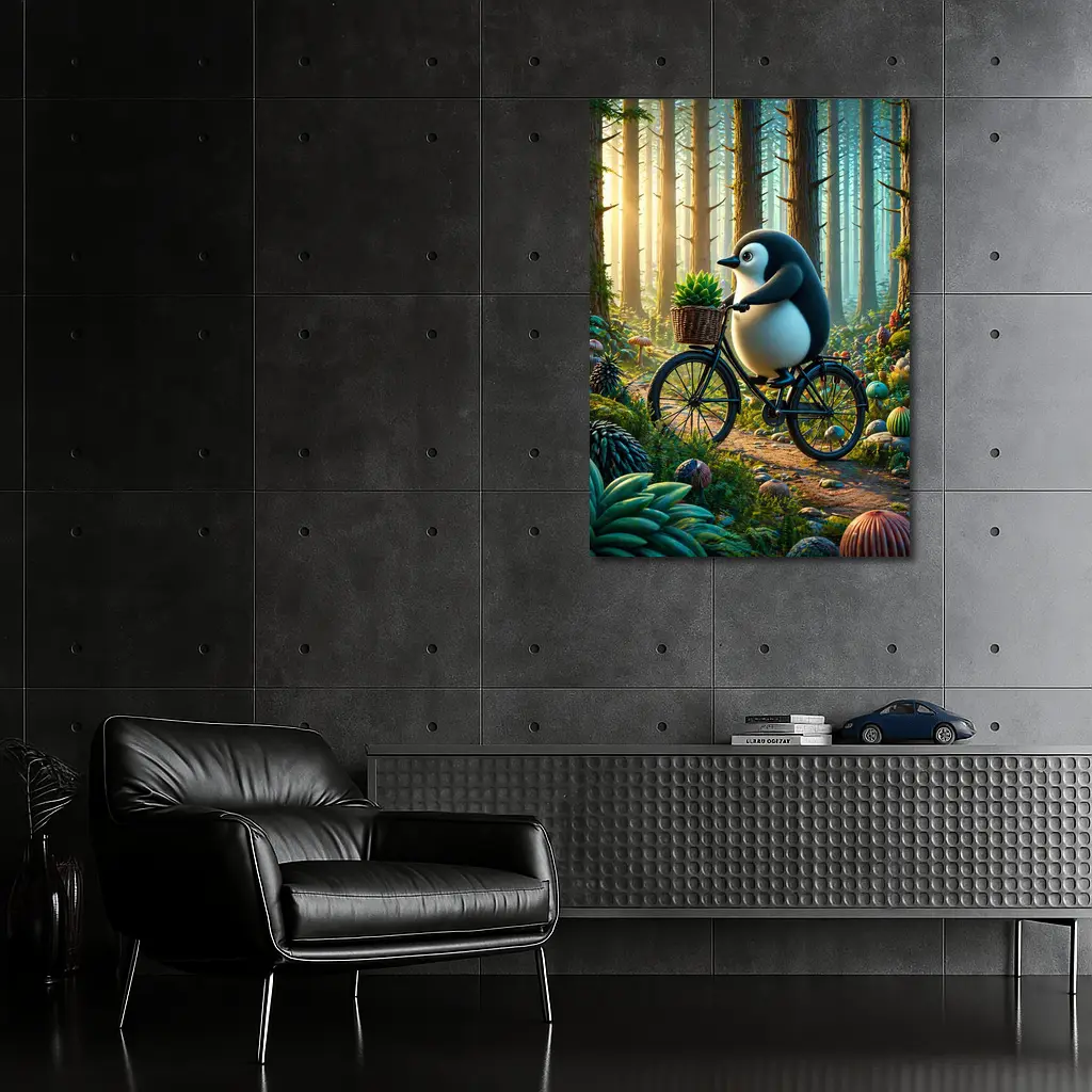 Cartoon Penguin Riding Bicycle In Forest – Wall Art
