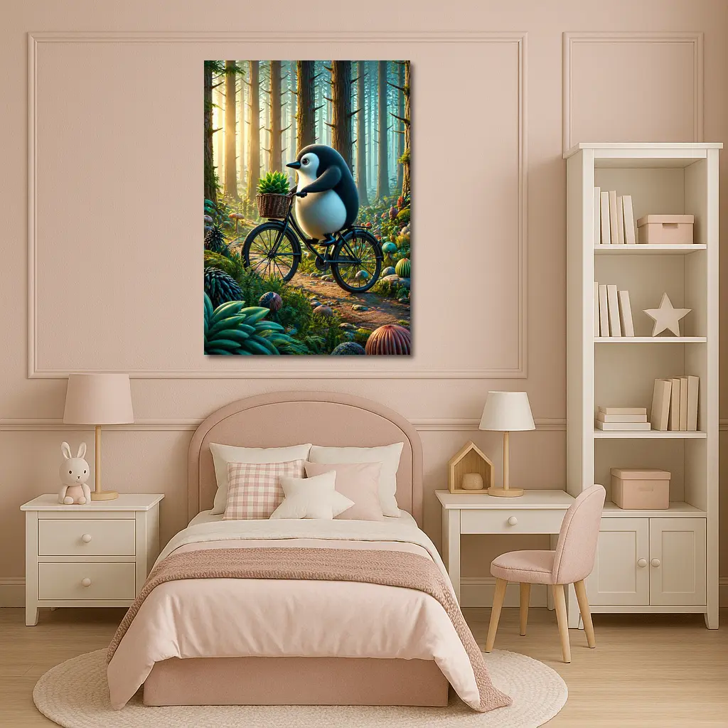 Cartoon Penguin Riding Bicycle In Forest – Wall Art