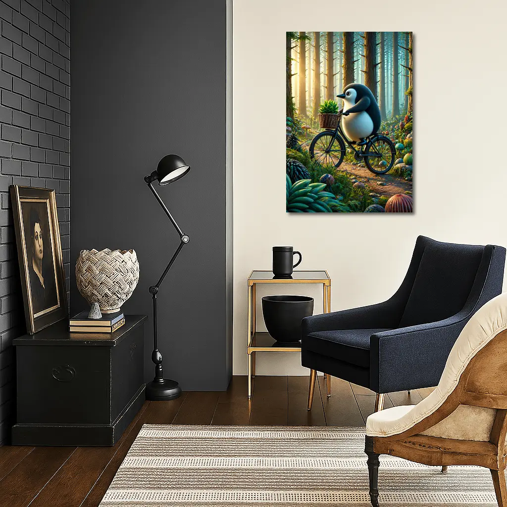 Cartoon Penguin Riding Bicycle In Forest – Wall Art